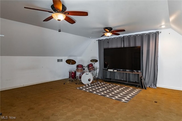 additional living space with ceiling fan, carpet floors, and lofted ceiling