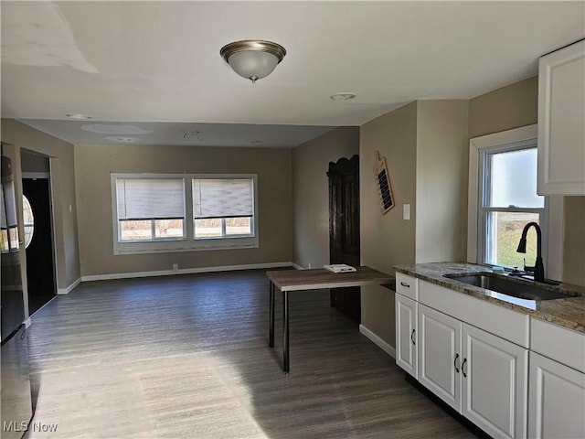 interior space with dark wood-type flooring, white cabinetry, sink, and light stone countertops