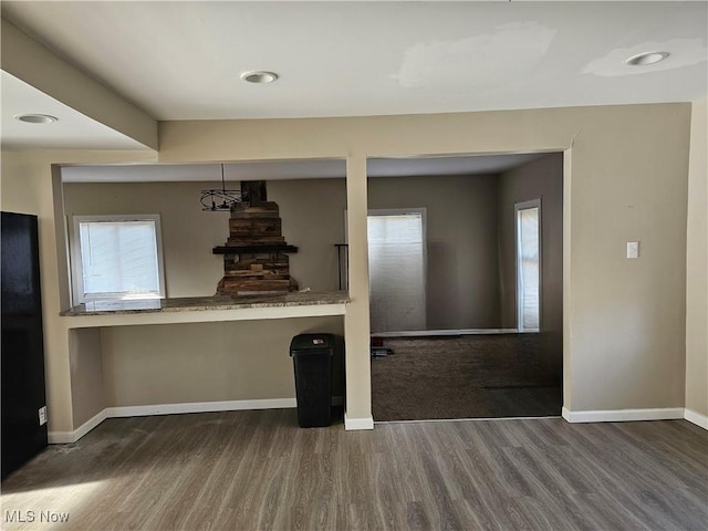 kitchen featuring a wealth of natural light, pendant lighting, and dark hardwood / wood-style floors