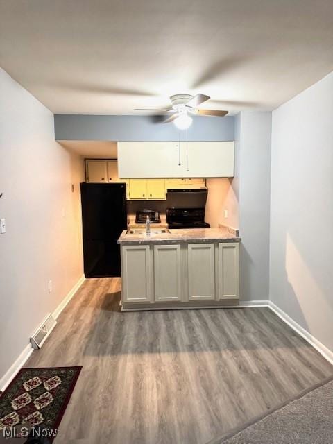 kitchen featuring hardwood / wood-style floors, sink, ceiling fan, and black appliances