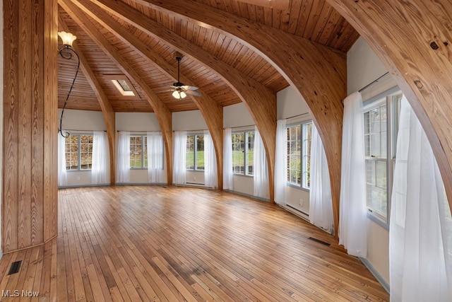 interior space with high vaulted ceiling, light hardwood / wood-style flooring, ceiling fan, beamed ceiling, and wood ceiling