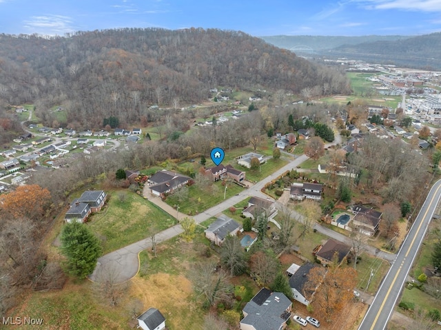 aerial view with a mountain view and a view of trees