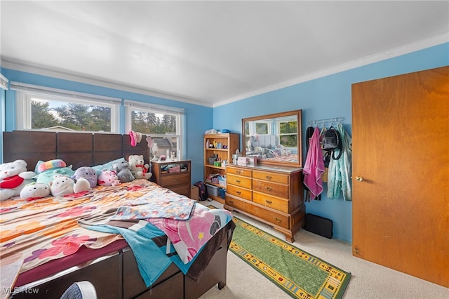 carpeted bedroom with multiple windows and ornamental molding