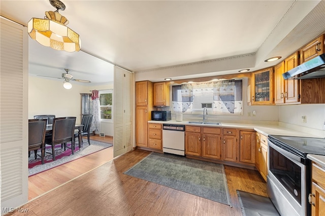 kitchen with white dishwasher, ventilation hood, electric stove, sink, and ceiling fan