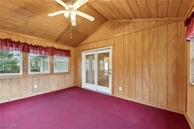 unfurnished sunroom featuring french doors, ceiling fan, and lofted ceiling