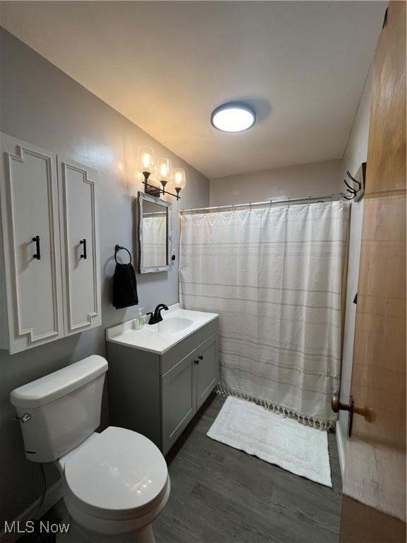 bathroom with hardwood / wood-style floors, vanity, toilet, and walk in shower