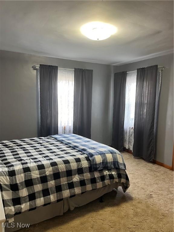 bedroom featuring light colored carpet