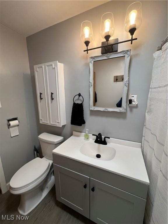 bathroom with wood-type flooring, vanity, and toilet