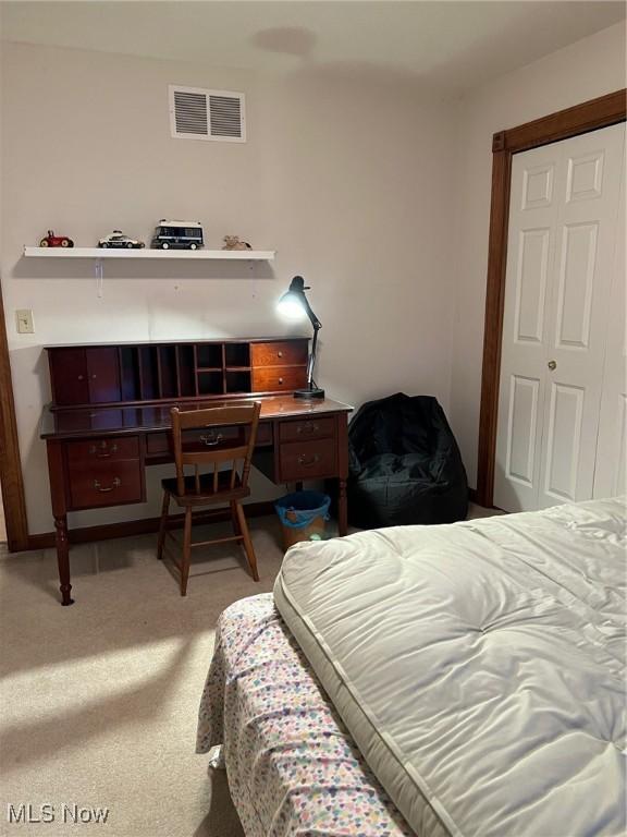 bedroom with carpet flooring and a closet