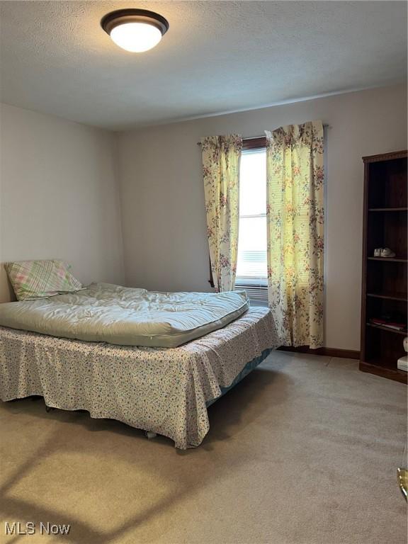 bedroom with carpet and a textured ceiling