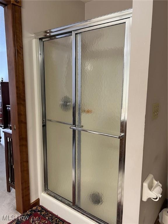 bathroom with a shower with shower door