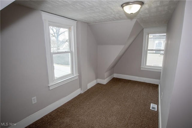 bonus room with carpet, a textured ceiling, and lofted ceiling