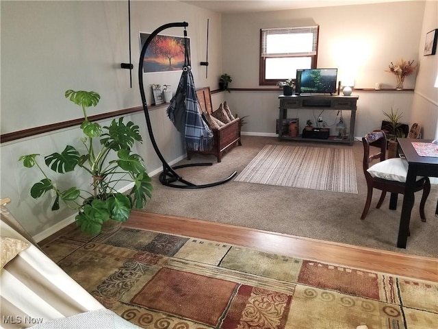 living area featuring baseboards and wood finished floors