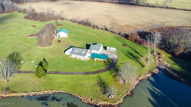 bird's eye view with a rural view and a water view