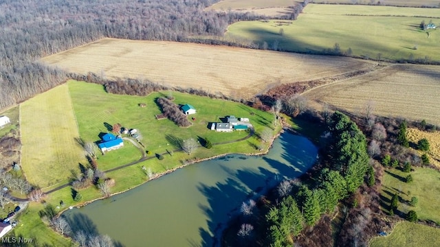 bird's eye view with a water view and a rural view