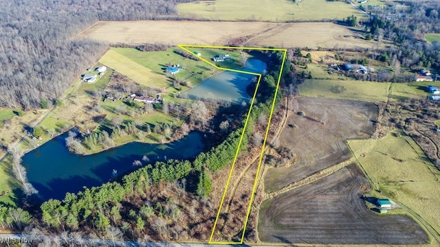 birds eye view of property with a water view and a rural view