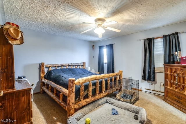 carpeted bedroom with a textured ceiling, baseboard heating, and ceiling fan