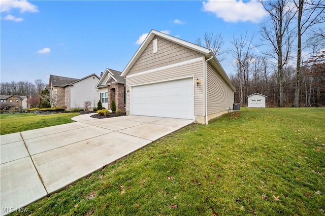 view of front of home with a storage unit, a garage, central air condition unit, and a front yard