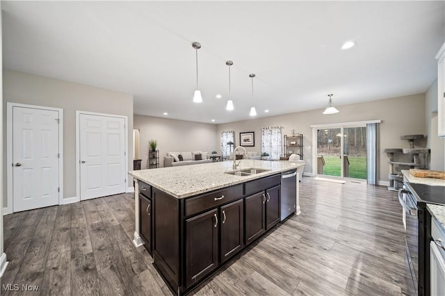 kitchen with dark brown cabinetry, light stone counters, sink, and appliances with stainless steel finishes