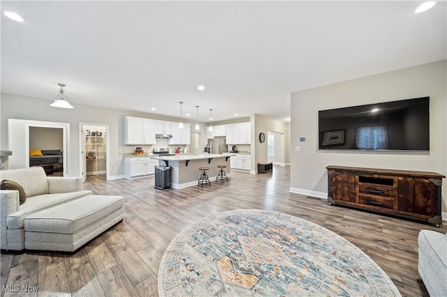 living room featuring sink and light hardwood / wood-style floors