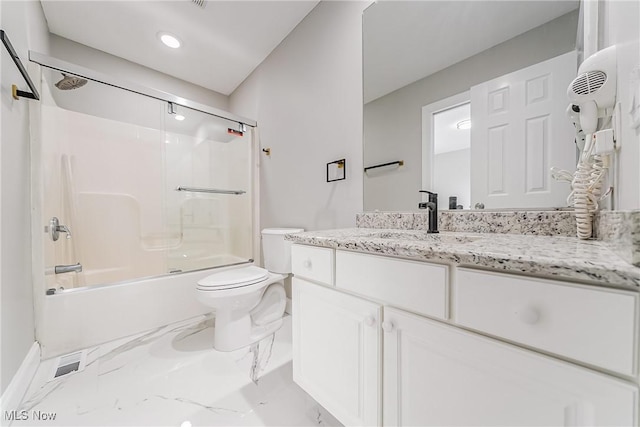 full bathroom with vanity, toilet, and combined bath / shower with glass door