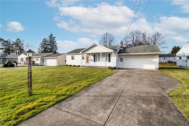 ranch-style house with a porch, a garage, and a front lawn