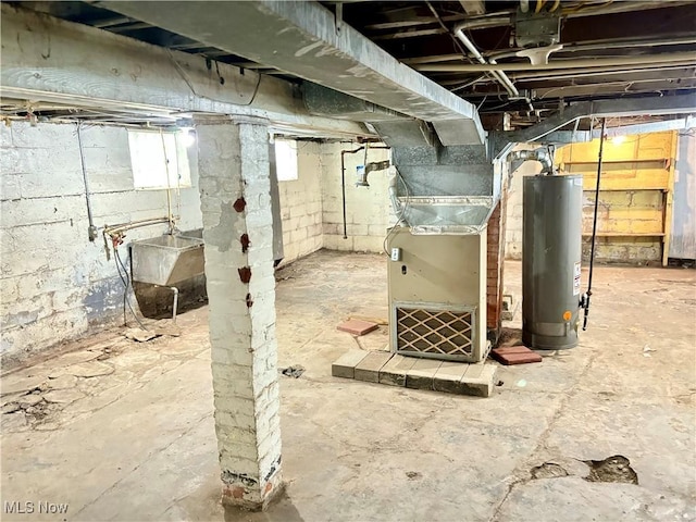 basement with heating unit and water heater