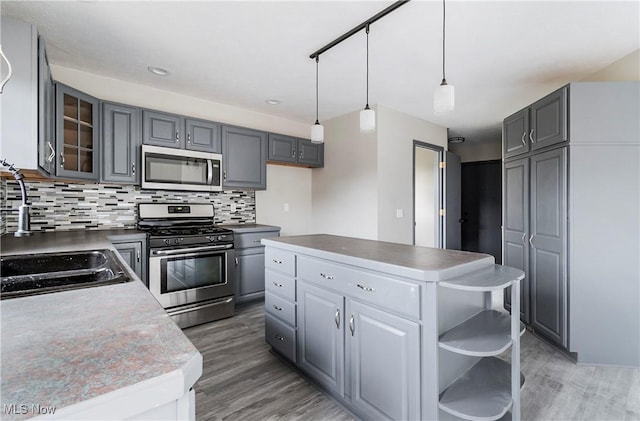 kitchen with gray cabinetry, hanging light fixtures, hardwood / wood-style flooring, appliances with stainless steel finishes, and tasteful backsplash