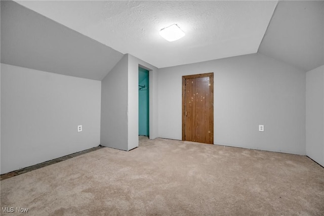 additional living space with a textured ceiling, light colored carpet, and vaulted ceiling