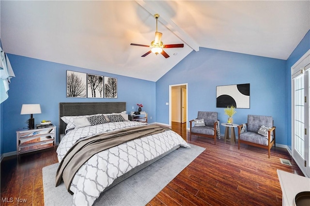 bedroom featuring ceiling fan, dark hardwood / wood-style floors, and lofted ceiling with beams