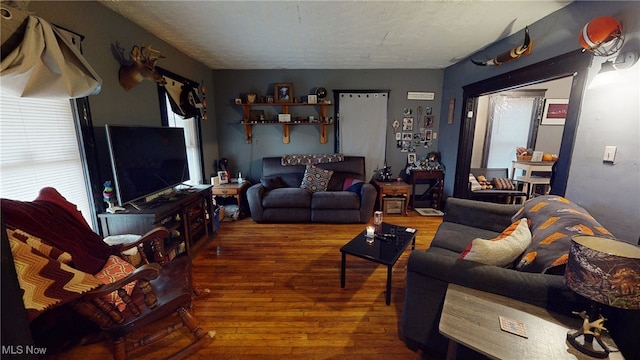 living room with dark wood-type flooring and a textured ceiling