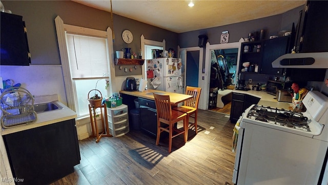 kitchen featuring sink, dark wood-type flooring, white appliances, and ventilation hood