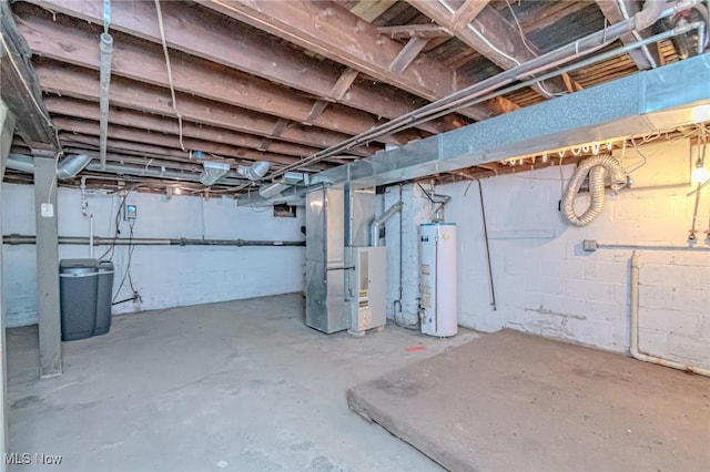 basement with heating unit and water heater