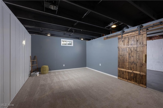 basement featuring carpet and a barn door