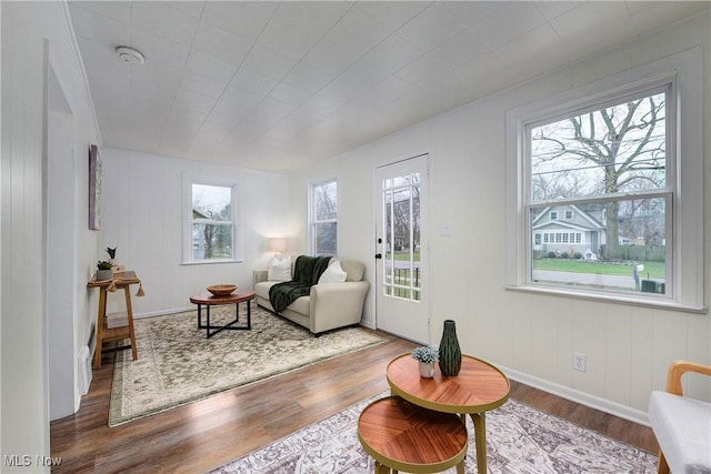 sitting room featuring wood-type flooring and a healthy amount of sunlight