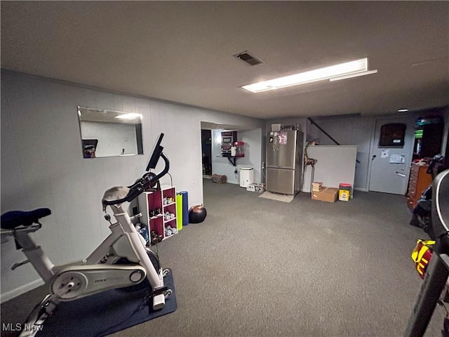 workout room featuring carpet flooring