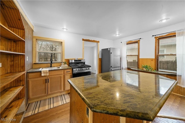 kitchen with a center island, sink, a healthy amount of sunlight, stainless steel appliances, and light hardwood / wood-style flooring