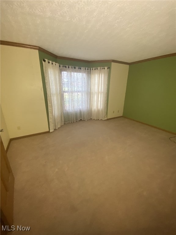 empty room with light colored carpet and a textured ceiling