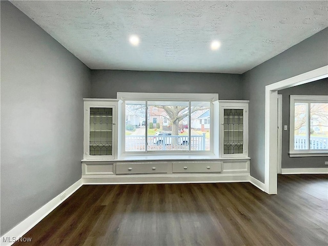 interior space with dark hardwood / wood-style flooring and a textured ceiling