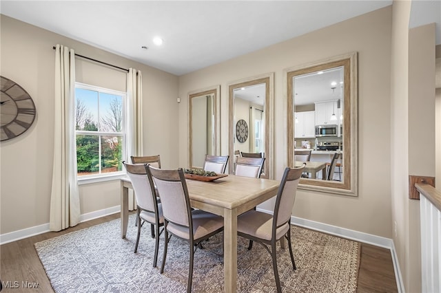 dining space with wood-type flooring