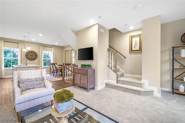 living room featuring sink and light colored carpet