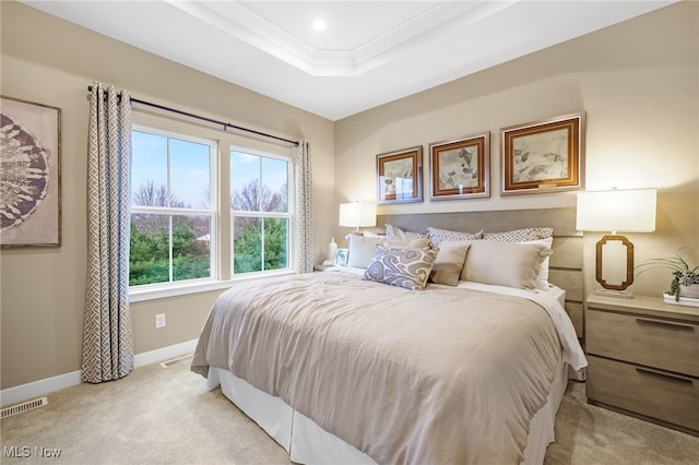 carpeted bedroom with a tray ceiling