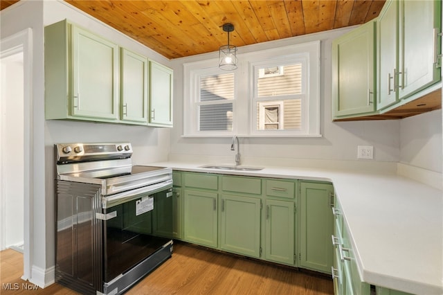 kitchen featuring sink, green cabinets, stainless steel electric range oven, hanging light fixtures, and wood ceiling