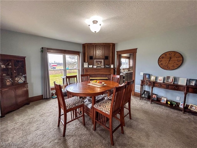 carpeted dining space featuring a textured ceiling