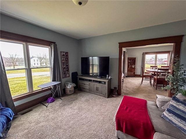 living room with light colored carpet