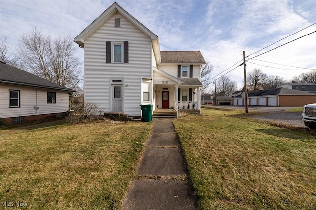 front facade with a porch and a front lawn