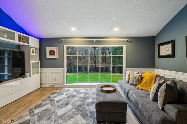 living room with lofted ceiling, a textured ceiling, and hardwood / wood-style flooring