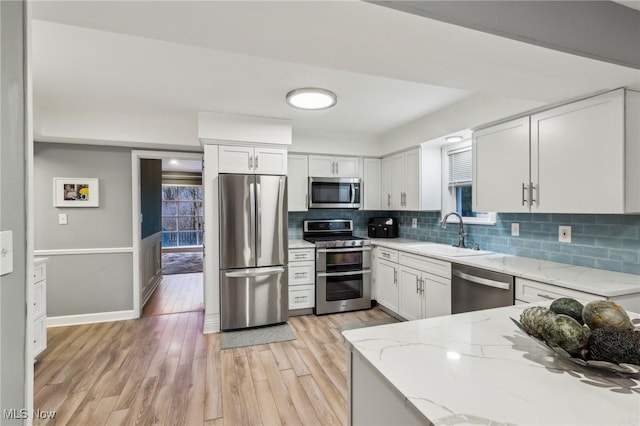 kitchen featuring sink, light stone countertops, appliances with stainless steel finishes, tasteful backsplash, and white cabinetry