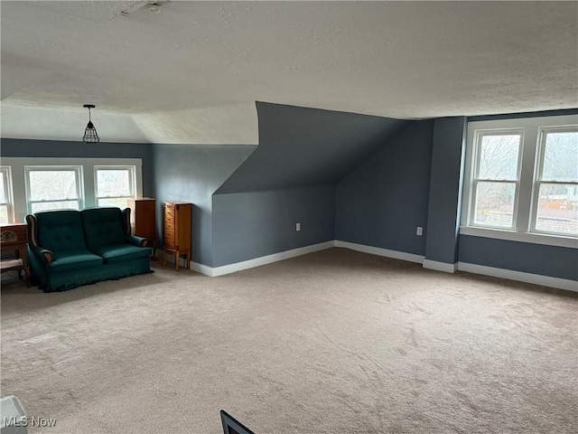 additional living space featuring a textured ceiling, carpet floors, and lofted ceiling