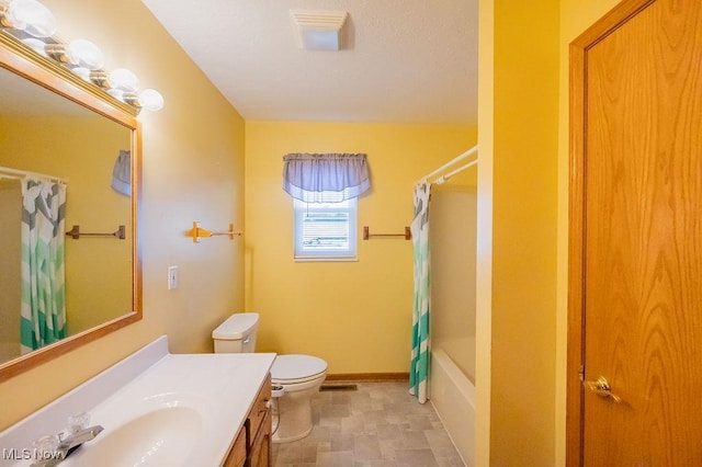 full bathroom with vanity, toilet, and shower / bathtub combination with curtain